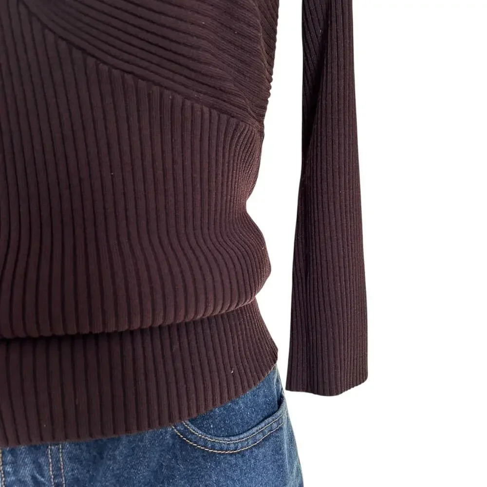 Cache Brown Gold Ribbed Tube Top Shirt Womens Sz Large Y2K V Neck 3/4 Sleeve - Picture 10 of 16